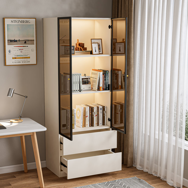Modern White and Black Lighted China Cabinet with Glass Doors