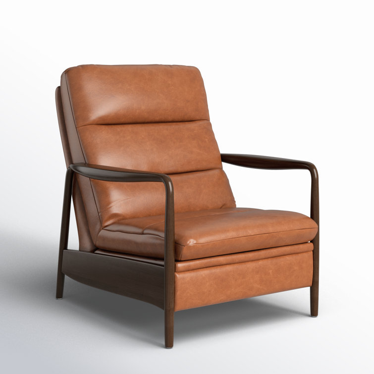 Tobacco Leather Midcentury Recliner with Wood Frame