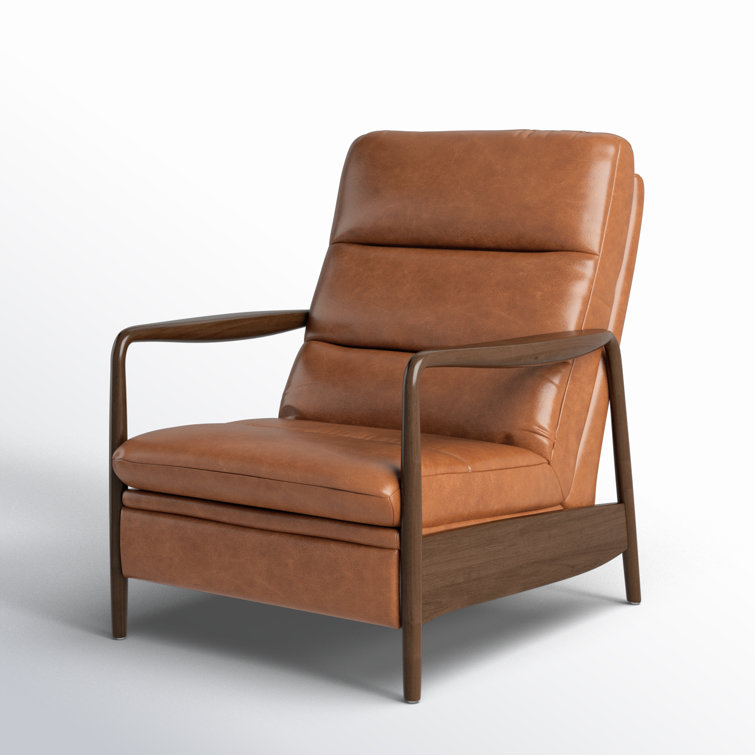 Tobacco Leather Midcentury Recliner with Wood Frame