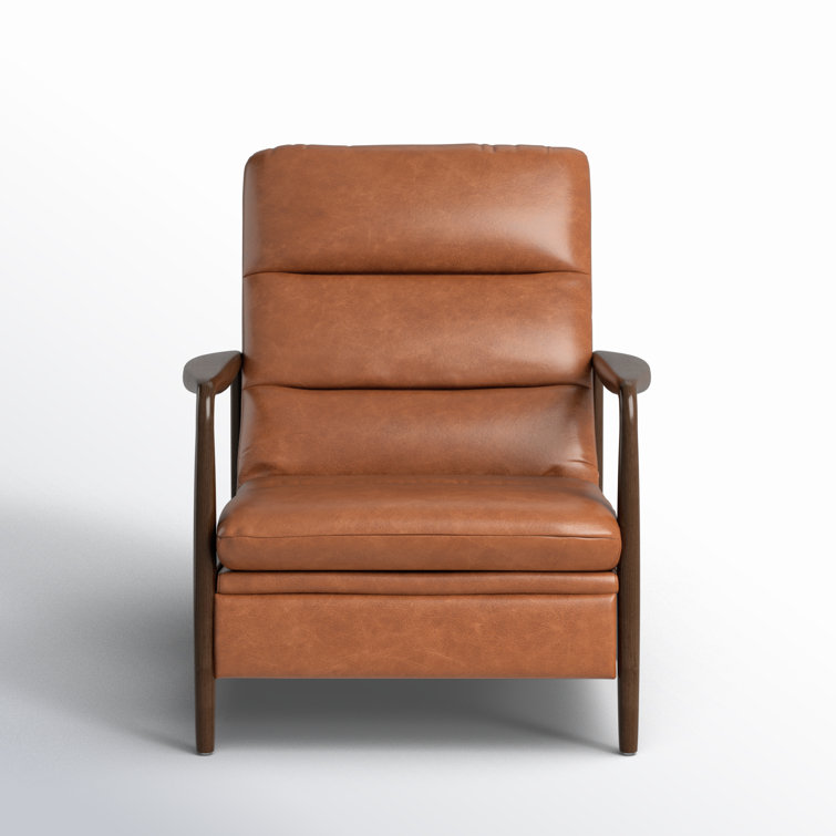 Tobacco Leather Midcentury Recliner with Wood Frame