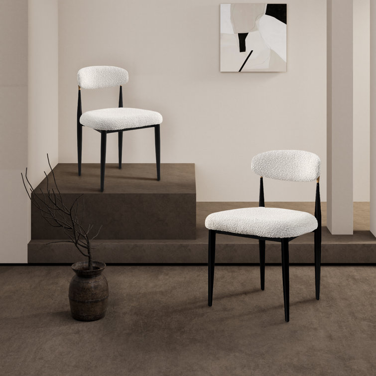White Boucle Upholstered Side Chair with Black Metal Legs