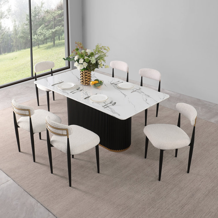 White Boucle Upholstered Side Chair with Black Metal Legs