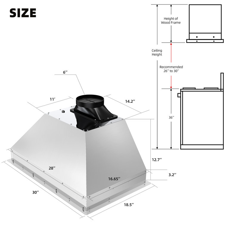 30 Inch Stainless Steel Convertible Insert Range Hood with LED Lights