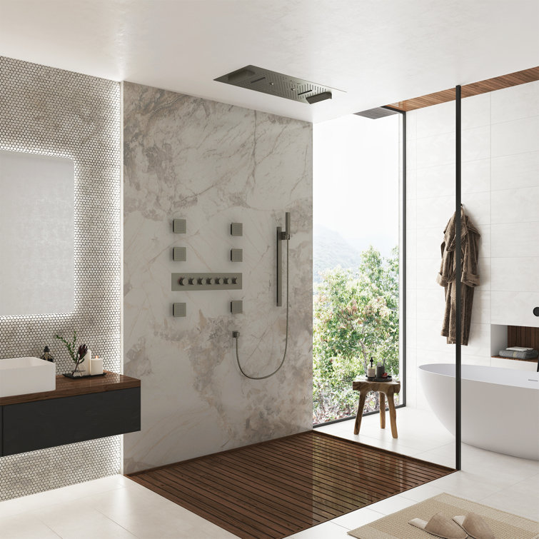 Brushed Nickel LED Rainfall Shower System with Handheld and Waterfall