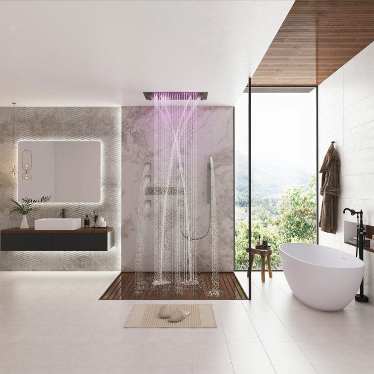 Brushed Nickel LED Rainfall Shower System with Handheld and Waterfall
