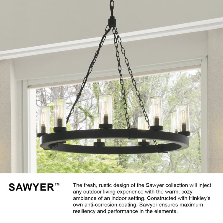 Sawyer Black 9-Light LED Outdoor Chandelier with Clear Seedy Glass