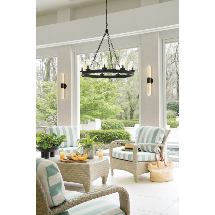 Sawyer Black 9-Light LED Outdoor Chandelier with Clear Seedy Glass