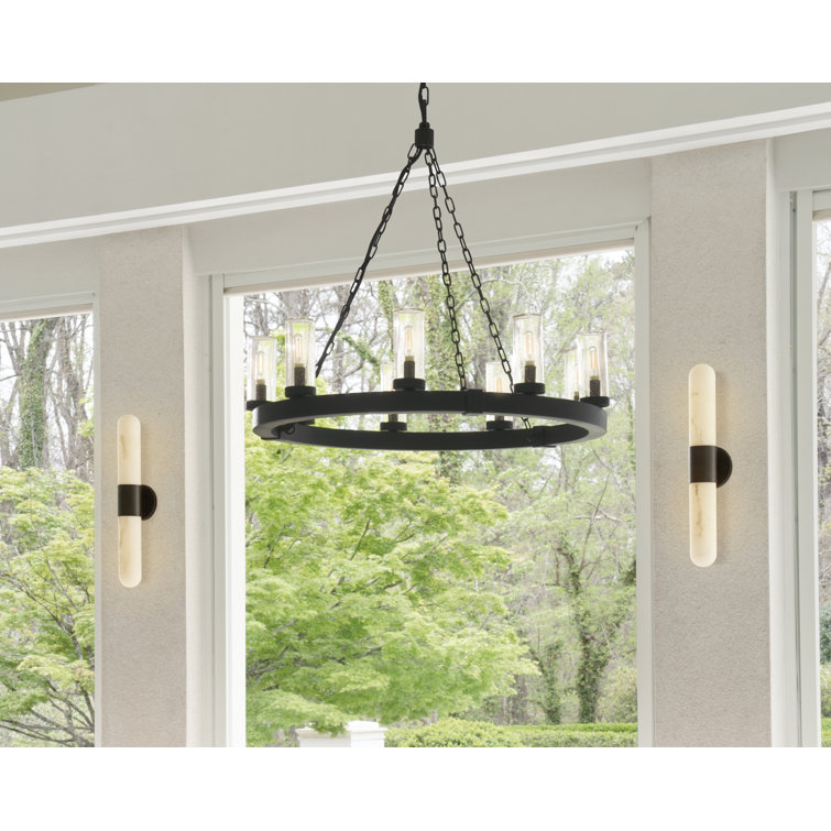 Sawyer Black 9-Light LED Outdoor Chandelier with Clear Seedy Glass