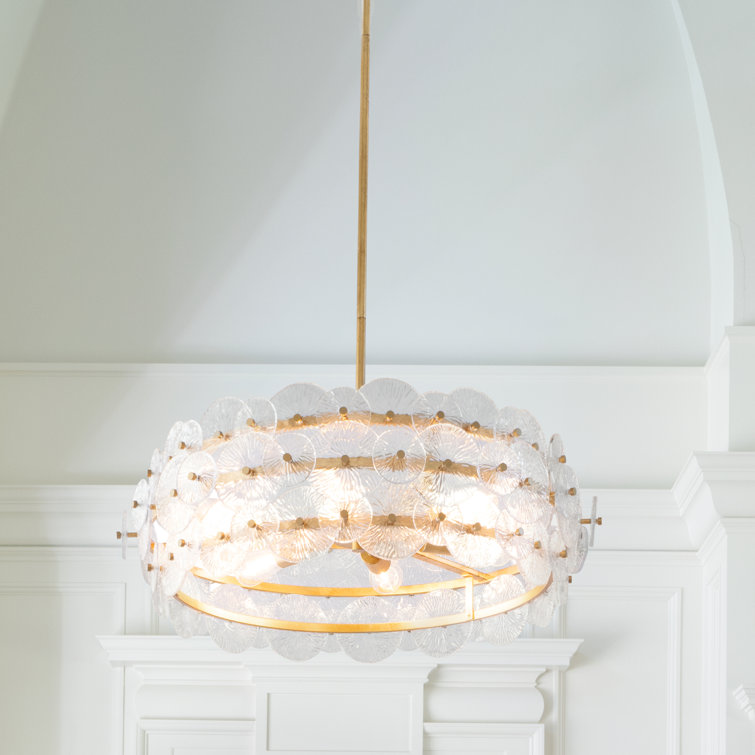Rene Distressed Brass 6-Light Drum Chandelier with Clear Pressed Glass