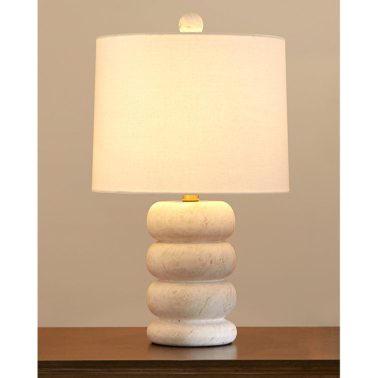 Beige Travertine Table Lamp with Bone Linen Shade