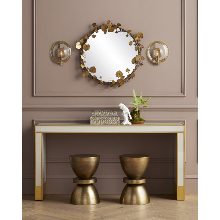 Ivory and Gold Glass Top Console Table with Brass Accents