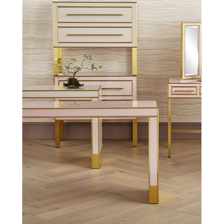 Ivory and Gold Glass Top Console Table with Brass Accents