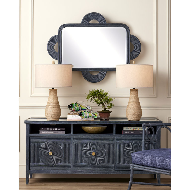 Vintage Navy Rectangular Rattan and Mahogany Wall Mirror