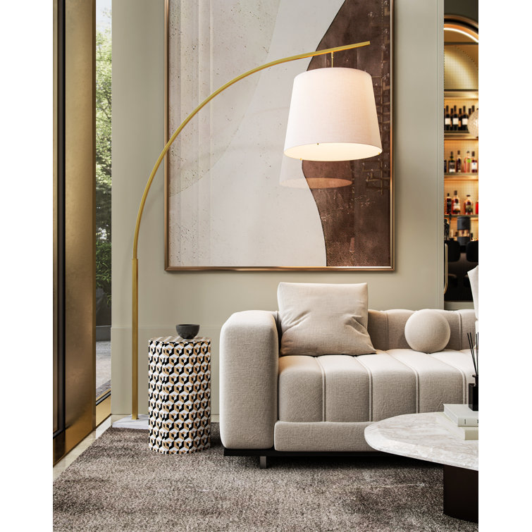 Antique Brass & White Arc Floor Lamp with Off-White Shantung Shade