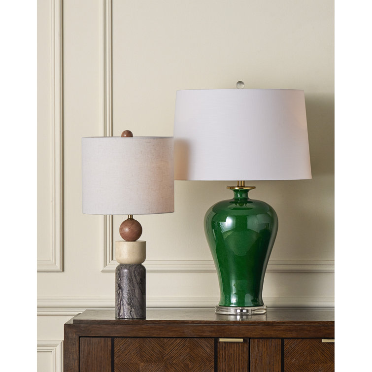 Imperial Green Porcelain Table Lamp with Off-White Linen Shade
