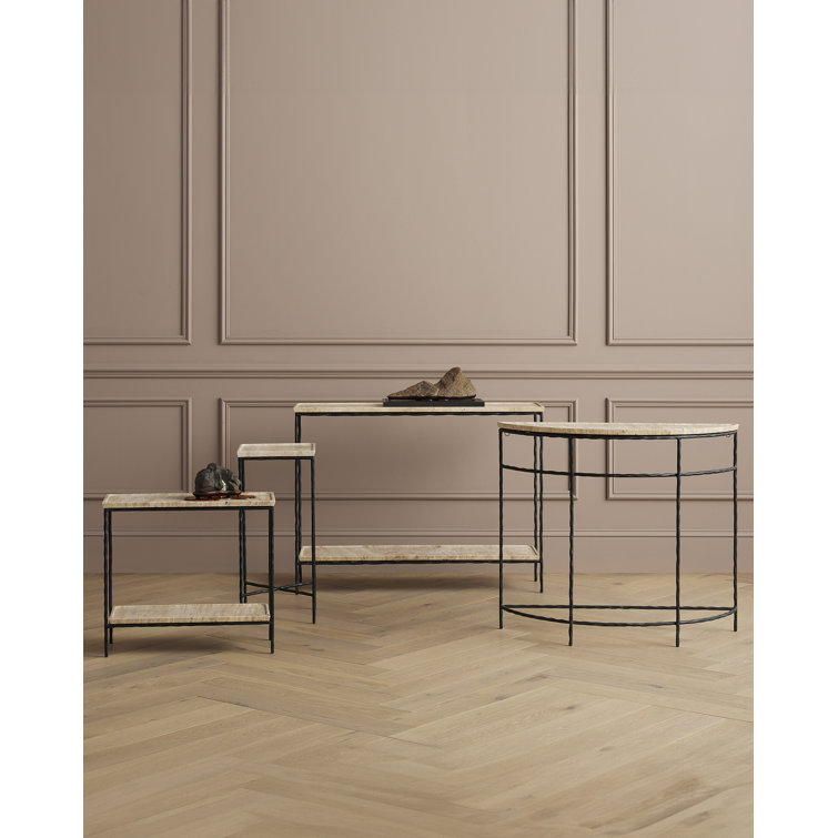 Natural Travertine and Black Iron Rectangular End Table