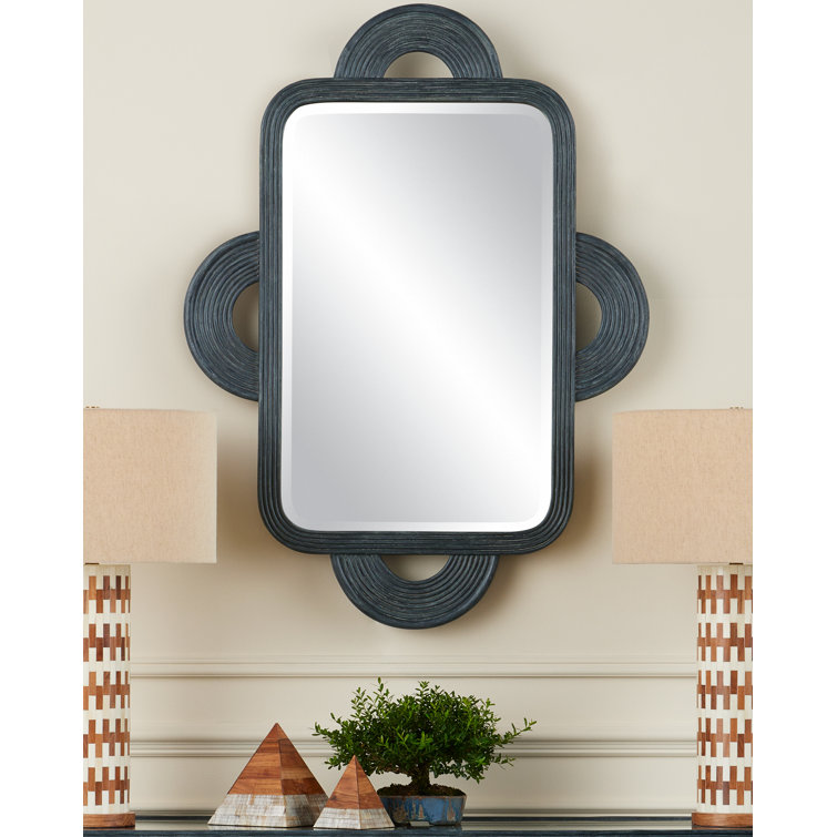 Vintage Navy Rectangular Rattan and Mahogany Wall Mirror