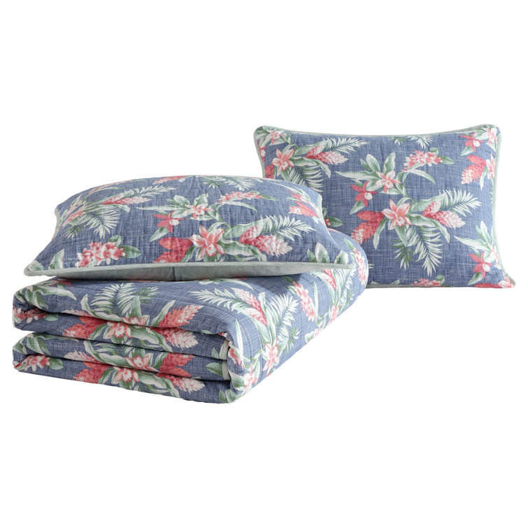 Navy Cotton Reversible King Quilt Set with Botanical Print