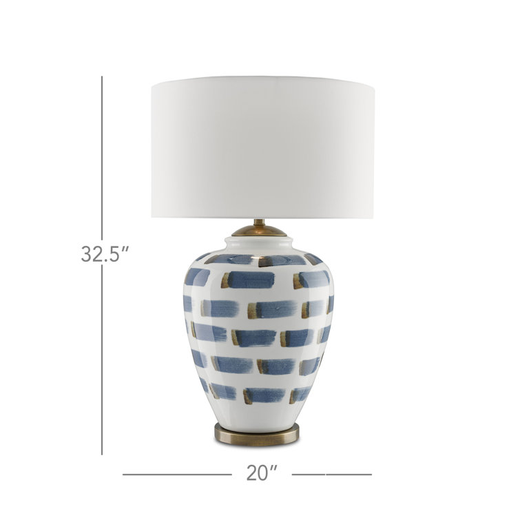 White and Blue Ceramic Brushstroke Table Lamp with Antique Brass Accents