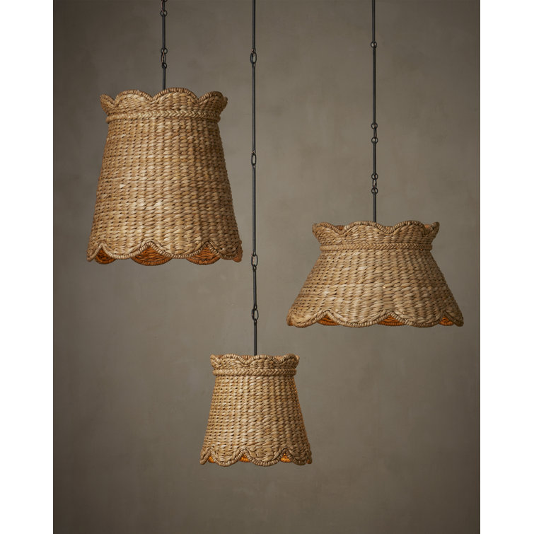 Natural Woven Water Hyacinth Pendant Light with Scalloped Shade
