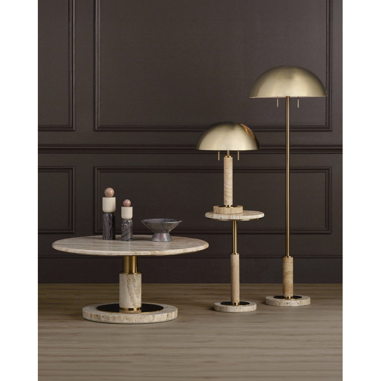 Miles Travertine and Brass Round Cocktail Table