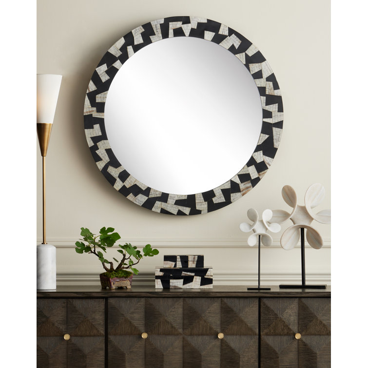 36" Round Black and Gold Composite Bathroom Mirror
