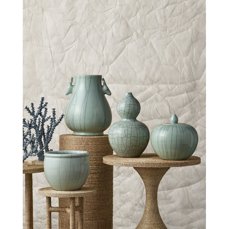 Celadon Crackle Porcelain Ginger Jar with Gold Accents