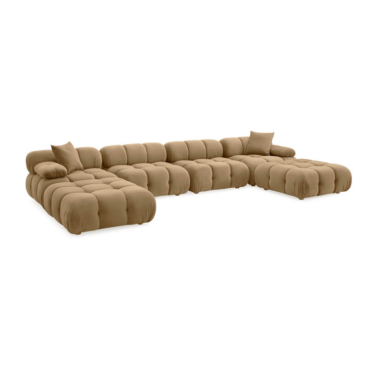 Brown Velvet Tufted Modular U-Shaped Sectional with Ottomans