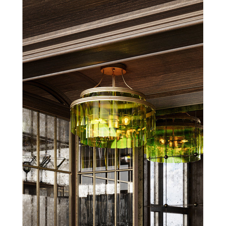 Green Glass and Gold 3-Light Semi Flush Mount