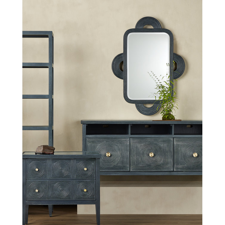 Vintage Navy Rectangular Rattan and Mahogany Wall Mirror
