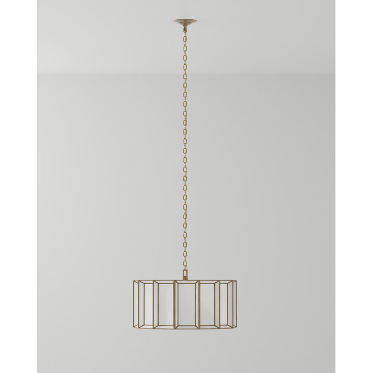 Antique Brass and White Glass Drum Chandelier