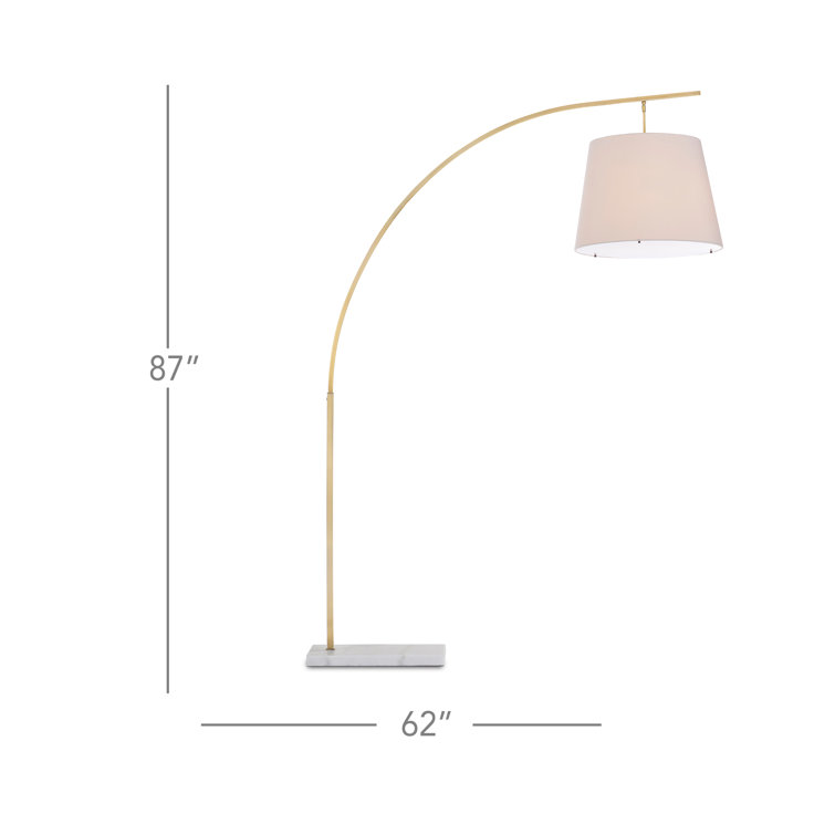 Antique Brass & White Arc Floor Lamp with Off-White Shantung Shade