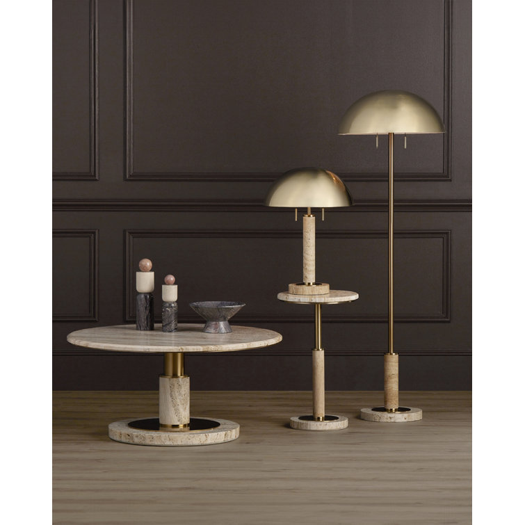 Adjustable Brass and Natural Stone Floor Lamp with Dome Shade