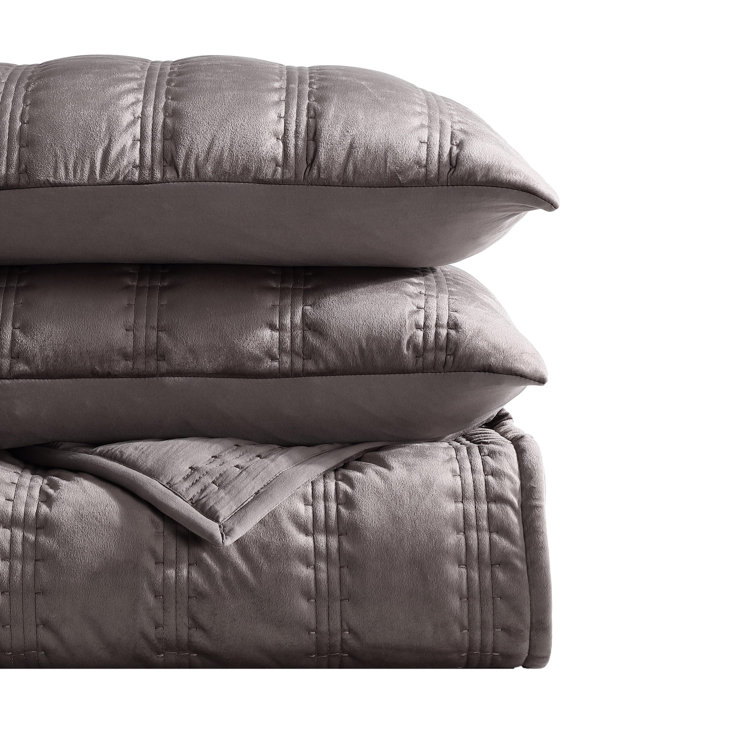 Plum Brown Velvet Queen Quilt Set with Shams