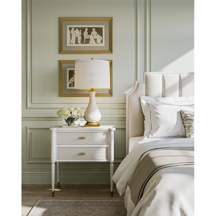 Off-White and Brass 2-Drawer Mahogany and Oak Nightstand