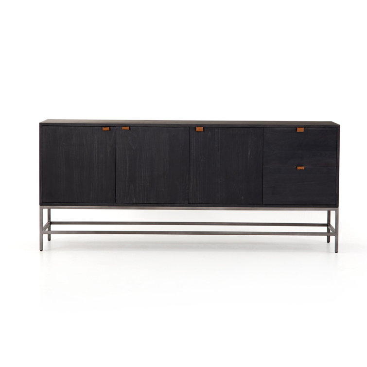 Auburn Poplar Wood 72" Sideboard with Leather Pulls and Iron Base