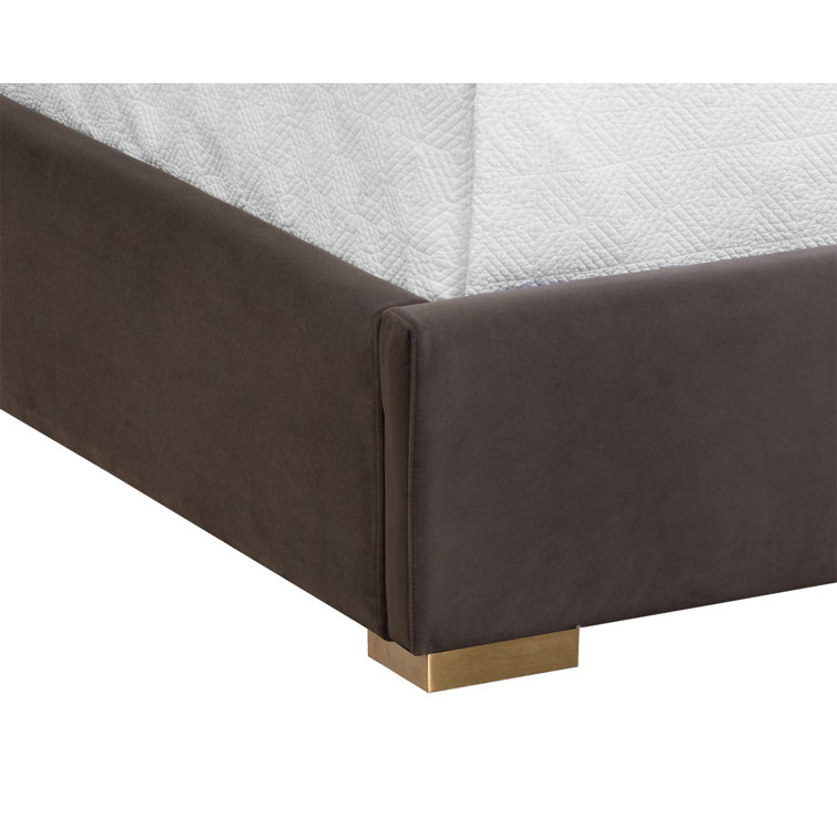 Gray Upholstered Queen Platform Bed with Gold Accents