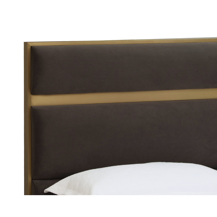 Gray Upholstered Queen Platform Bed with Gold Accents