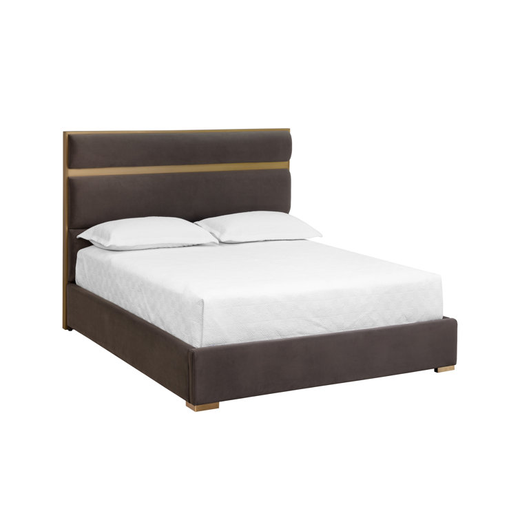 Gray Upholstered Queen Platform Bed with Gold Accents