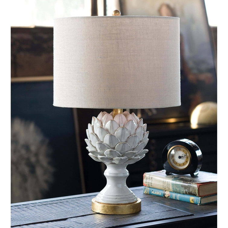 White Ceramic Artichoke Table Lamp with Linen Shade