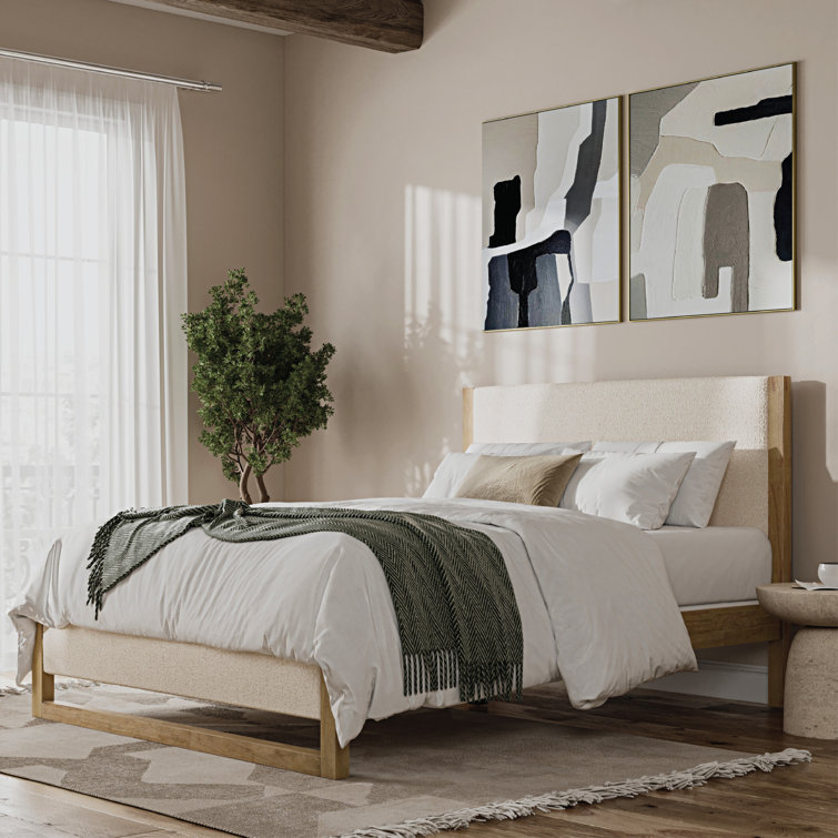 Queen Cream Boucle Upholstered Wood Frame Bed with Headboard