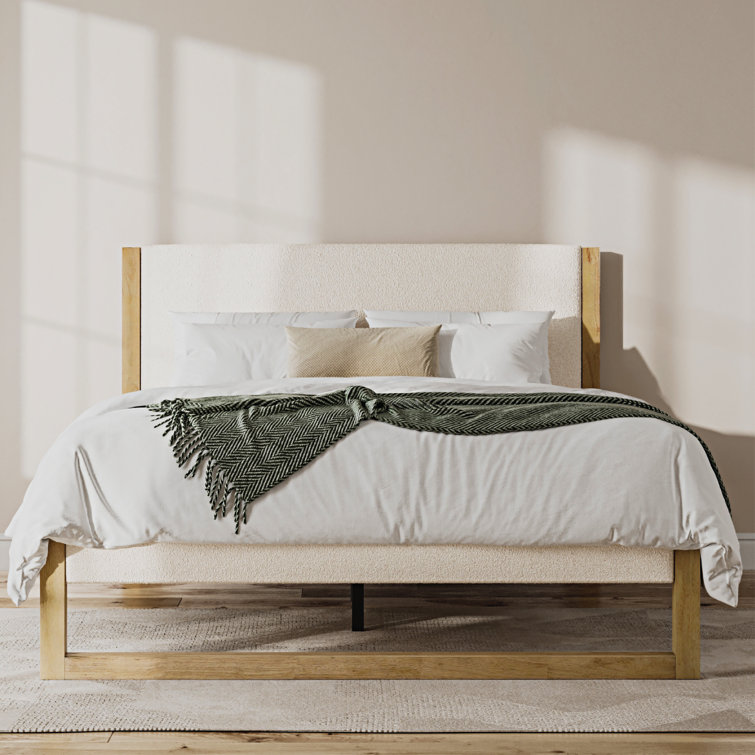 Queen Cream Boucle Upholstered Wood Frame Bed with Headboard