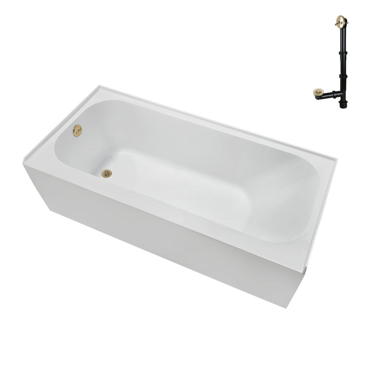 66-Inch Glossy White Acrylic Alcove Bathtub with Polished Brass Drain