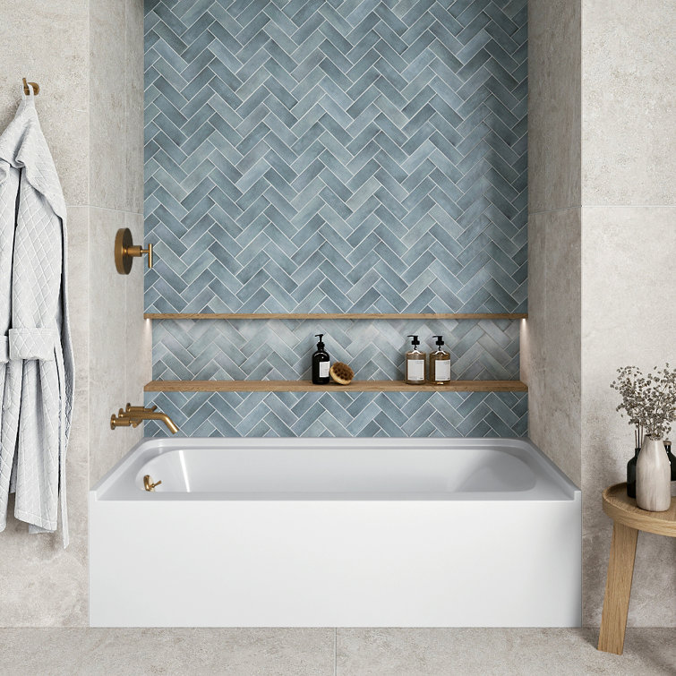 Glossy White Acrylic Alcove Bathtub with Brushed Gold Trim