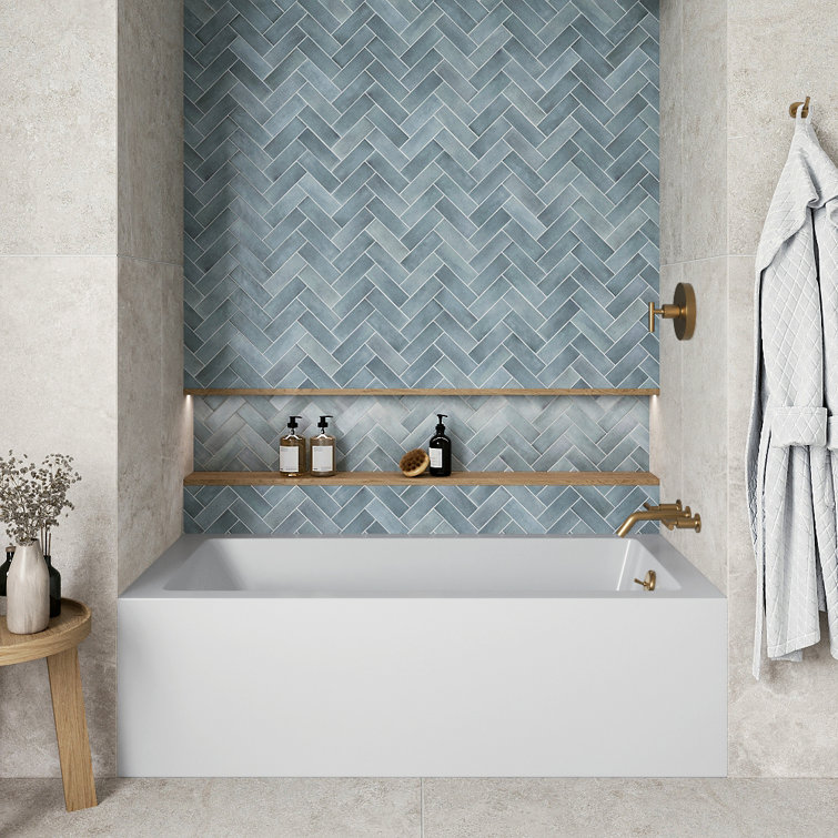 Glossy White Acrylic Alcove Bathtub with Brushed Gold Trim