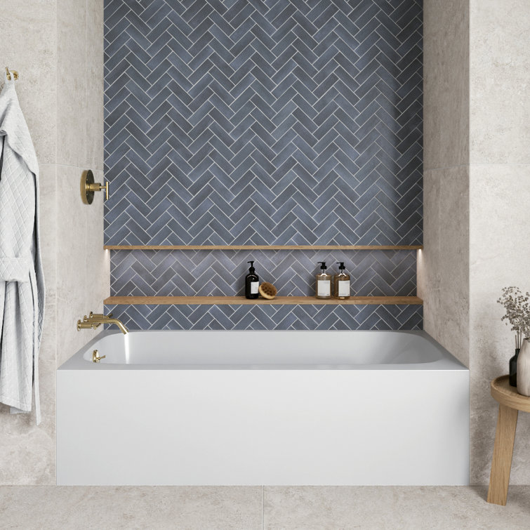 66-Inch Glossy White Acrylic Alcove Bathtub with Polished Brass Drain