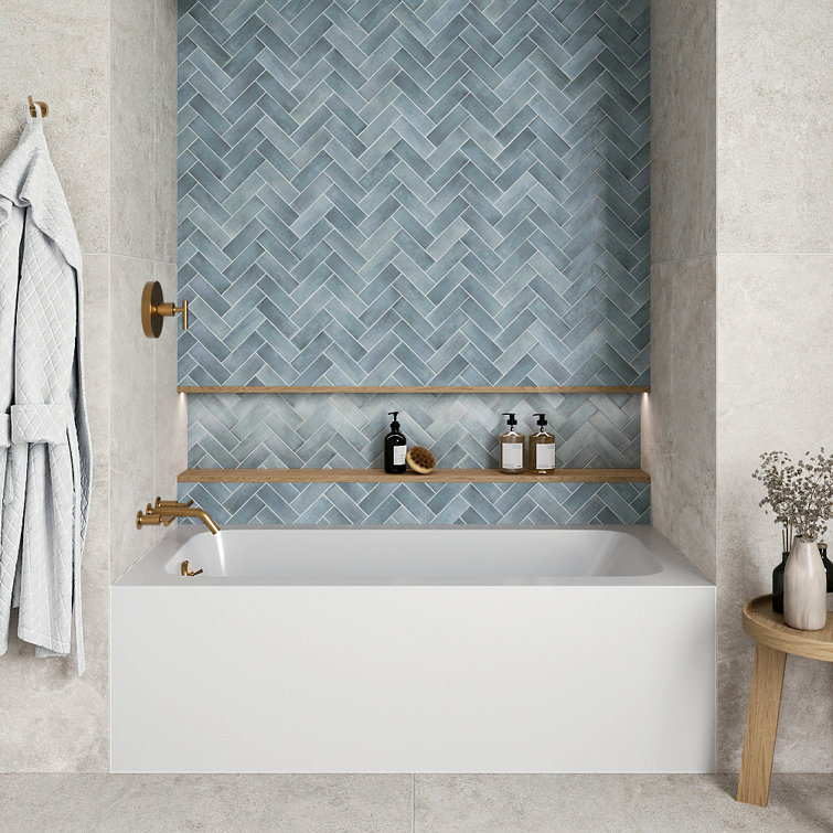 Glossy White Acrylic Alcove Bathtub with Brushed Gold Drain