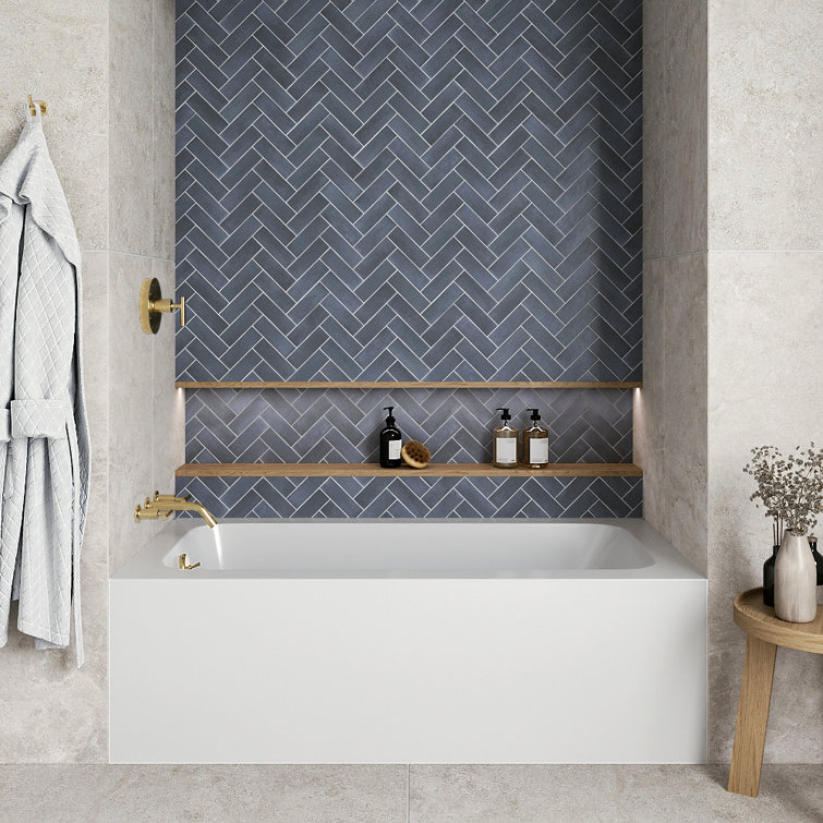 60-Inch Glossy White Acrylic Alcove Bathtub with Polished Brass Drain