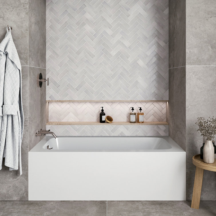 Glossy White Acrylic Rectangular Alcove Bathtub with Brushed Nickel Drain