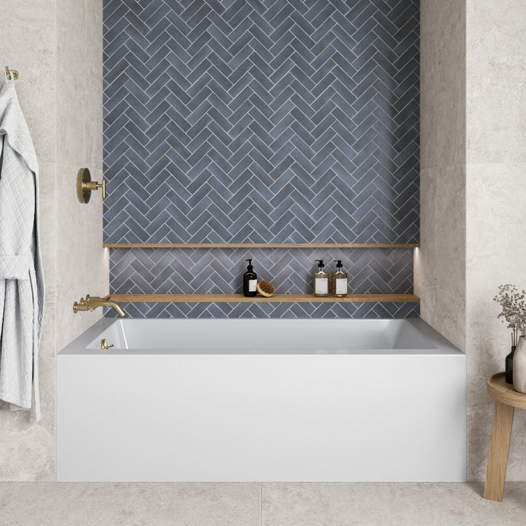 Glossy White Acrylic Alcove Bathtub with Polished Brass Drain